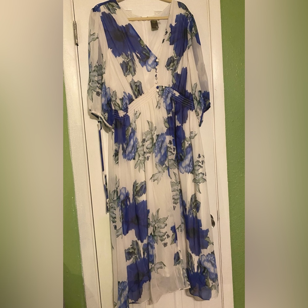 White and blue floral dress.